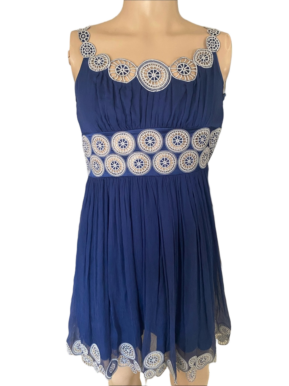Catherine Malandrino Y2K Navy Blue silk chiffon Dress with White Embroidered Tri